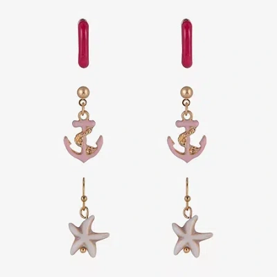 Arizona Gold Tone Starfish Womens Anchor 3 Pair Earring Set In Pink