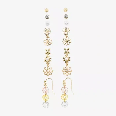 Arizona Gold Tone Stud & Drop Womens Flower 6 Pair Earring Set In Multi