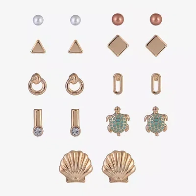 Arizona Gold Tone Turtle Shell Womens Simulated Pearl 9 Pair Earring Set In Burgundy