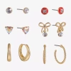 Arizona Gold Tone Womens Bow 6 Pair Earring Set In Multi