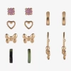 Arizona Gold Tone Womens Bow Butterfly Heart 6 Pair Earring Set In Gold
