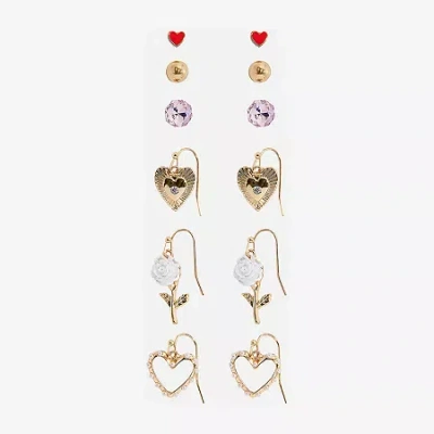 Arizona Gold Tone Womens Flower Heart 6 Pair Earring Set In Multi