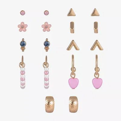 Arizona Gold Tone Womens Flower Heart 9 Pair Earring Set In Multi