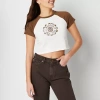 Arizona Graphic Womens Juniors Crew Neck Short Sleeve Crop Top In Brown