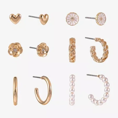 Arizona Huggie Hoop & Stud Womens Flower Heart 6 Pair Earring Set In Yellow