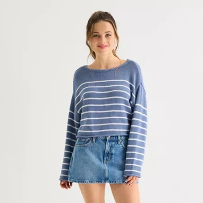 Arizona Juniors Womens Boat Neck Long Sleeve Striped Pullover Sweater In Blue