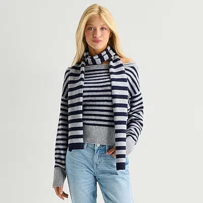 Arizona Juniors Womens Boat Neck Long Sleeve Striped Pullover Sweater In Blue