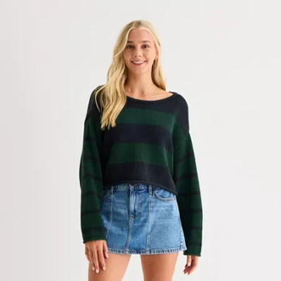 Arizona Juniors Womens Boat Neck Long Sleeve Striped Pullover Sweater In Green