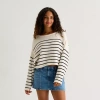 Arizona Juniors Womens Boat Neck Long Sleeve Striped Pullover Sweater In White