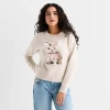 Arizona Juniors Womens Crew Neck Long Sleeve Animal Pullover Sweater In Neutral