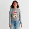 Arizona Juniors Womens Crew Neck Long Sleeve Animal Pullover Sweater In Gray