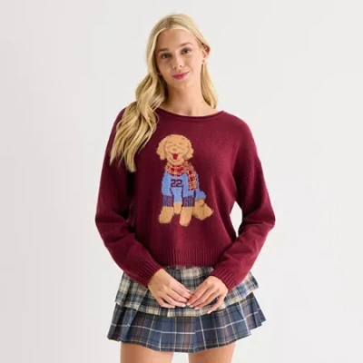 Arizona Juniors Womens Crew Neck Long Sleeve Animal Pullover Sweater In Red