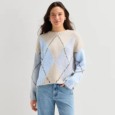 Arizona Juniors Womens Crew Neck Long Sleeve Argyle Pullover Sweater In Gray
