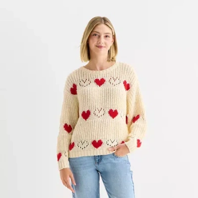 Arizona Juniors Womens Crew Neck Long Sleeve Hearts Pullover Sweater In Neutral