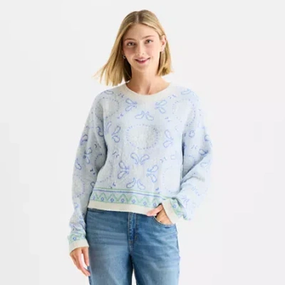 Arizona Juniors Womens Crew Neck Long Sleeve Paisley Pullover Sweater In Blue