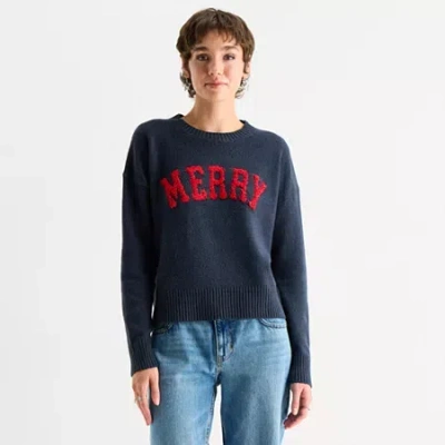 Arizona Juniors Womens Crew Neck Long Sleeve Pullover Sweater In Blue