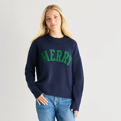 Arizona Juniors Womens Crew Neck Long Sleeve Pullover Sweater In Blue