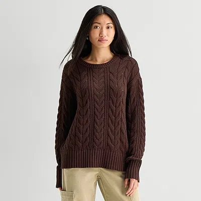 Arizona Juniors Womens Crew Neck Long Sleeve Pullover Sweater In Brown
