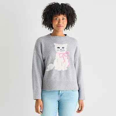 Arizona Juniors Womens Crew Neck Long Sleeve Pullover Sweater In Gray