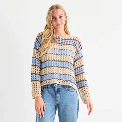 Arizona Juniors Womens Crew Neck Long Sleeve Striped Pullover Sweater In Blue