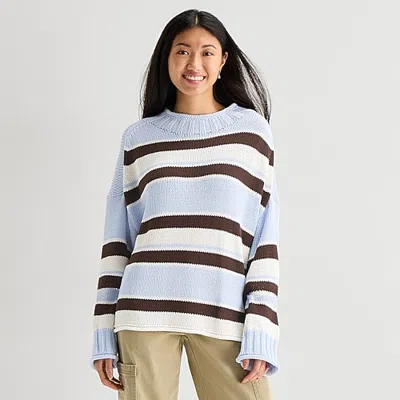 Arizona Juniors Womens Crew Neck Long Sleeve Striped Pullover Sweater In Blue