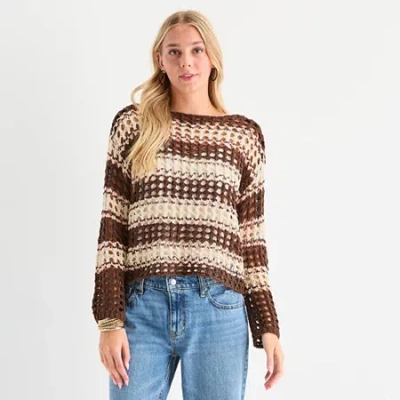 Arizona Juniors Womens Crew Neck Long Sleeve Striped Pullover Sweater In Brown