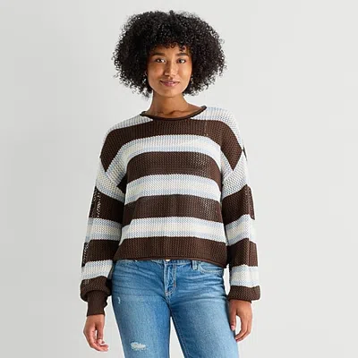 Arizona Juniors Womens Crew Neck Long Sleeve Striped Pullover Sweater In Brown