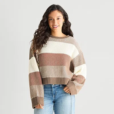 Arizona Juniors Womens Crew Neck Long Sleeve Striped Pullover Sweater In Brown