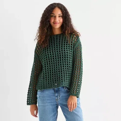 Arizona Juniors Womens Crew Neck Long Sleeve Striped Pullover Sweater In Green