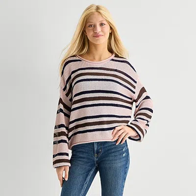 Arizona Juniors Womens Crew Neck Long Sleeve Striped Pullover Sweater In Pink