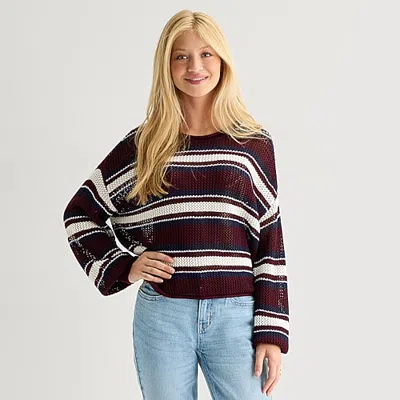 Arizona Juniors Womens Crew Neck Long Sleeve Striped Pullover Sweater In Red