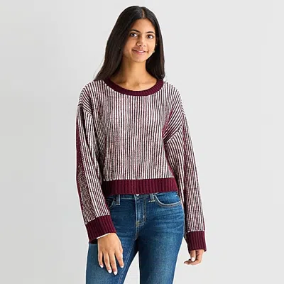 Arizona Juniors Womens Crew Neck Long Sleeve Striped Pullover Sweater In Red