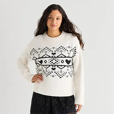 Arizona Juniors Womens Crew Neck Long Sleeve Striped Pullover Sweater In White