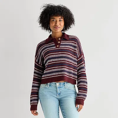 Arizona Juniors Womens Long Sleeve Striped Pullover Sweater In Red
