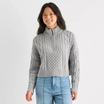 Arizona Juniors Womens Mock Neck Long Sleeve Cable Knit Pullover Sweater In Gray