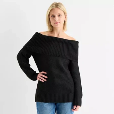 Arizona Juniors Womens Straight Neck Long Sleeve Pullover Sweater In Black