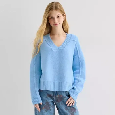 Arizona Juniors Womens V Neck Long Sleeve Pullover Sweater In Blue