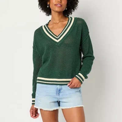 Arizona Juniors Womens V Neck Long Sleeve Pullover Sweater In Green