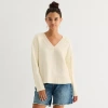 Arizona Juniors Womens V Neck Long Sleeve Pullover Sweater In Neutral