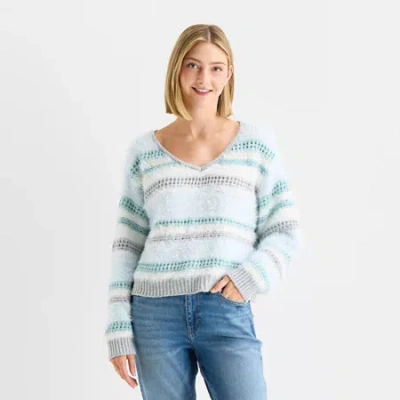 Arizona Juniors Womens V Neck Long Sleeve Striped Pullover Sweater In Blue