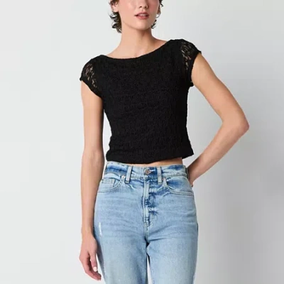 Arizona Lace Womens Juniors Boat Neck Short Sleeve T-shirt In Black