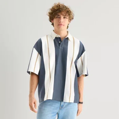 Arizona Mens Elbow Sleeve Regular Fit Button Down Collar Striped Rugby Shirt In Blue