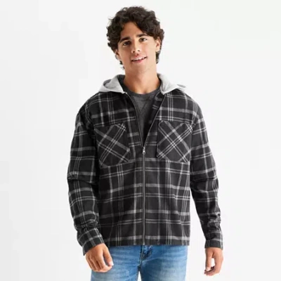 Arizona Mens Hooded Long Sleeve Regular Fit Flannel Shirt In Black