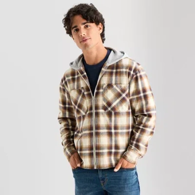 Arizona Mens Hooded Long Sleeve Regular Fit Flannel Shirt In Brown