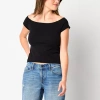Arizona Off The Shoulder Womens Juniors Boat Neck Short Sleeve T-shirt In Black