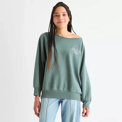 Arizona Off The Shoulder Womens Juniors Crew Neck Long Sleeve Sweatshirt In Green