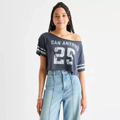 Arizona Off The Shoulder Womens Juniors Short Sleeve T-shirt In Blue