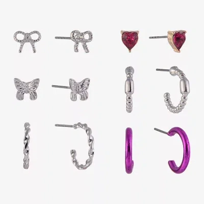 Arizona Silver Tone & Pink Womens Bow Butterfly Heart 6 Pair Earring Set In Multi