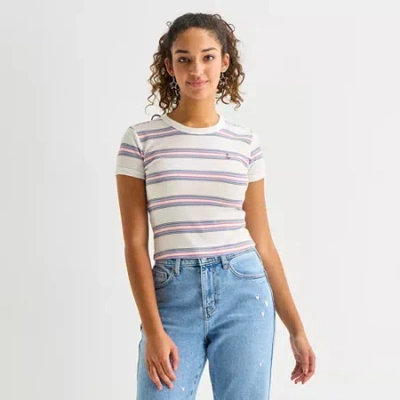 Arizona Stripe Womens Juniors Crew Neck Short Sleeve T-shirt In White
