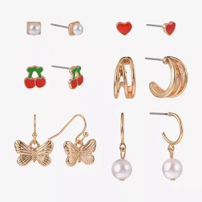 Arizona Womens Butterfly Cherries Heart 6 Pair Earring Set In Gold